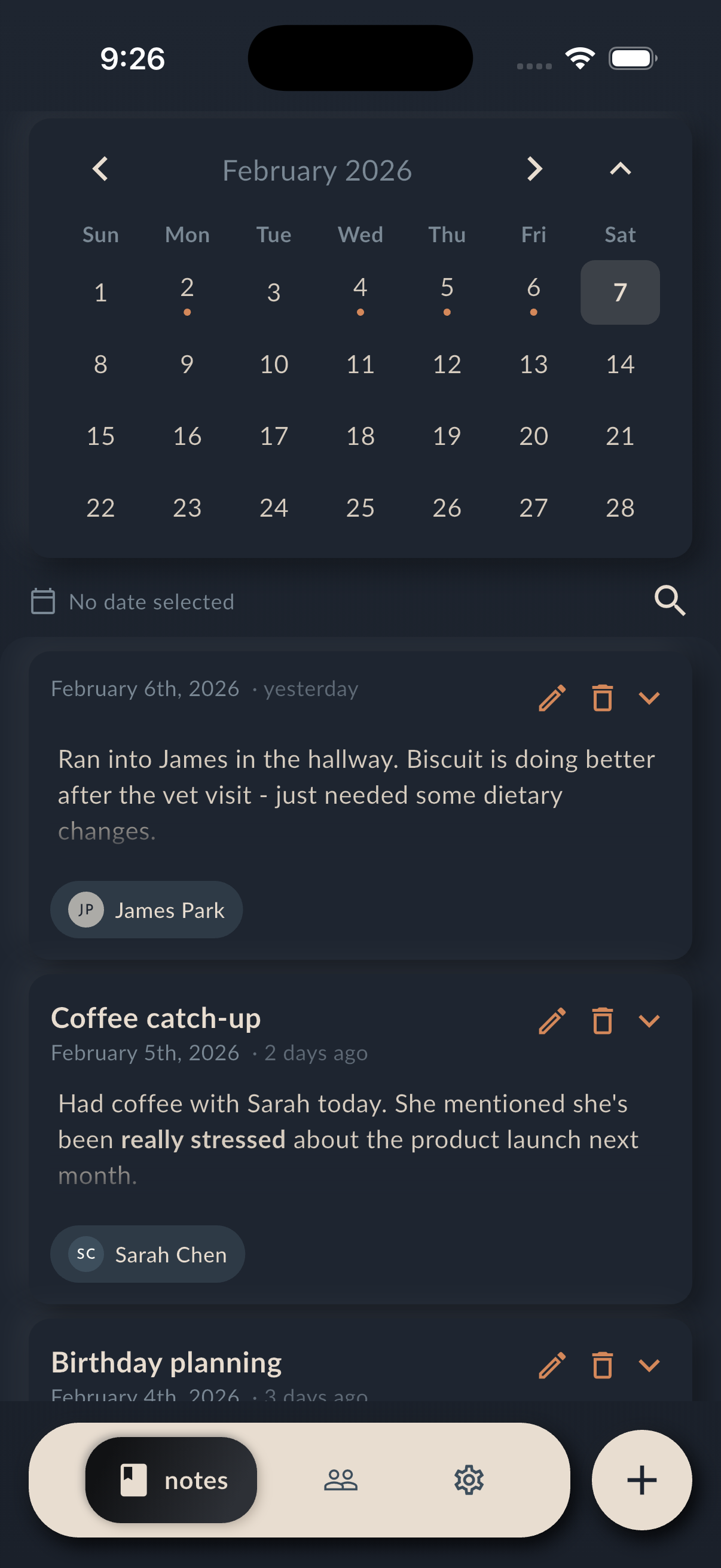 Notes timeline in dark theme