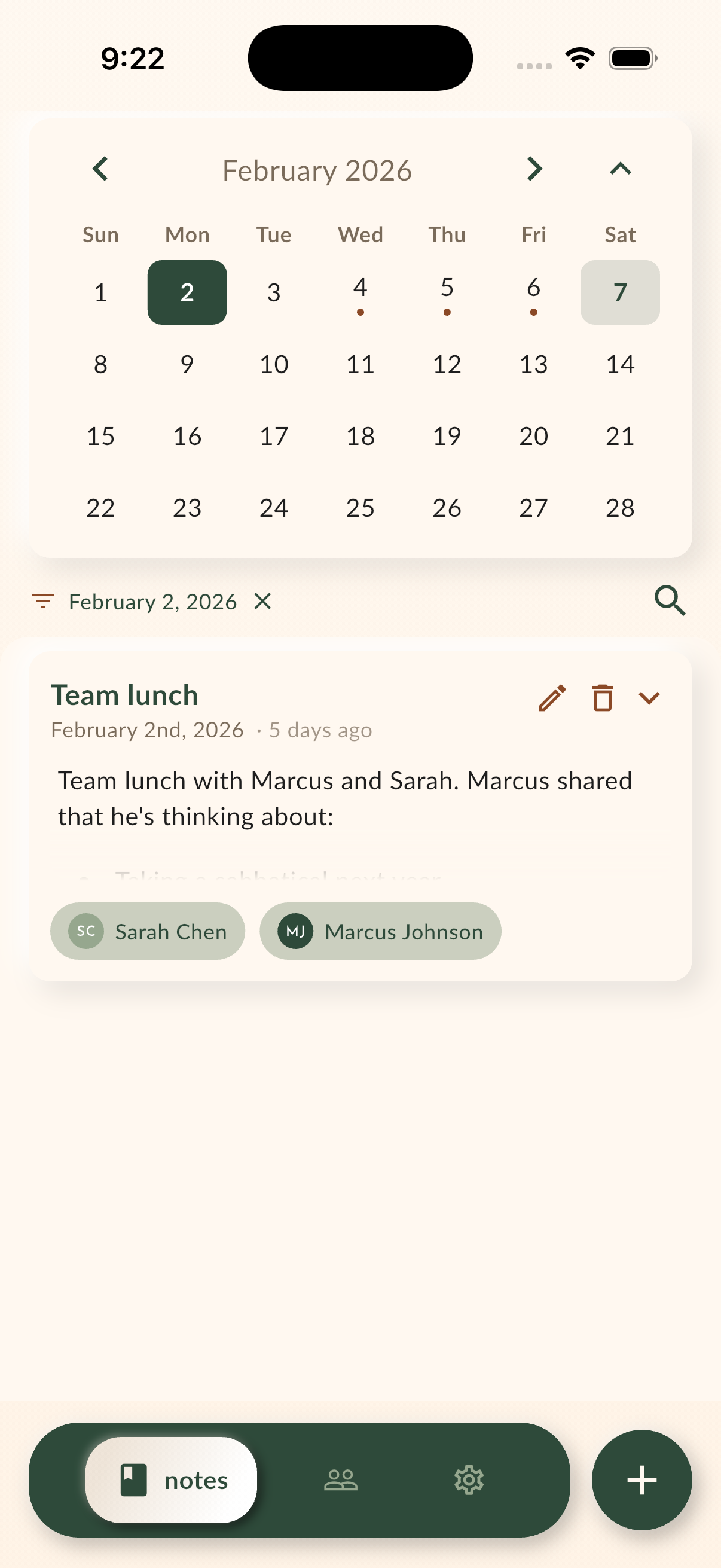 Notes timeline with calendar and conversation entries